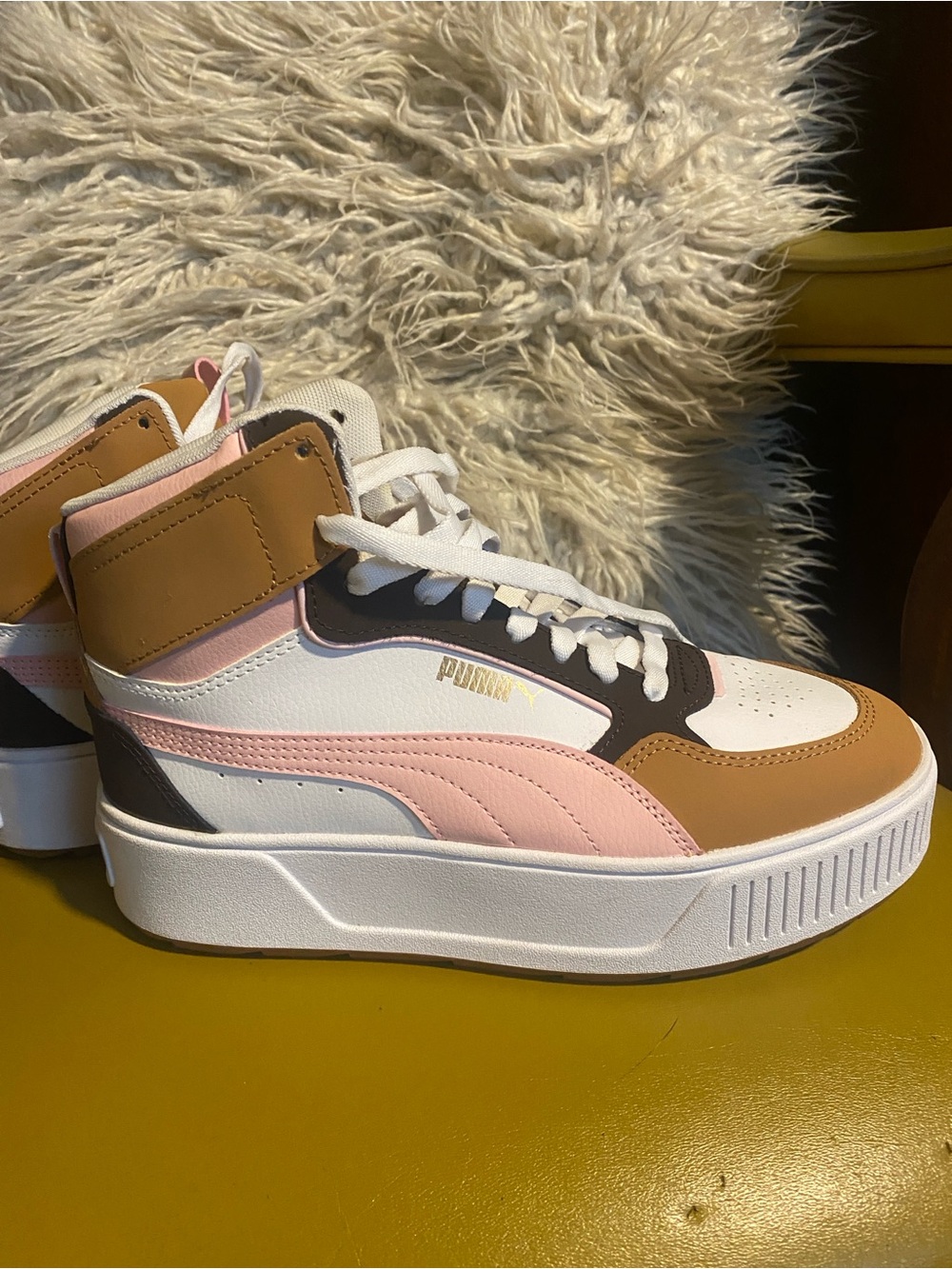 Puma Women's White, Pink & Tan High-Top Platform Sneakers 8